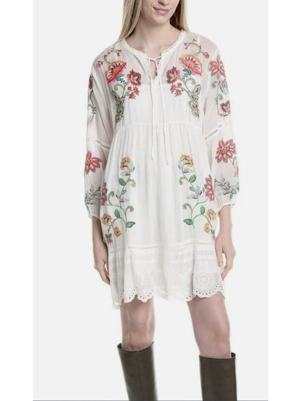 New Johnny Was White Embroidered Floral Boho Dress Lace Hem Small